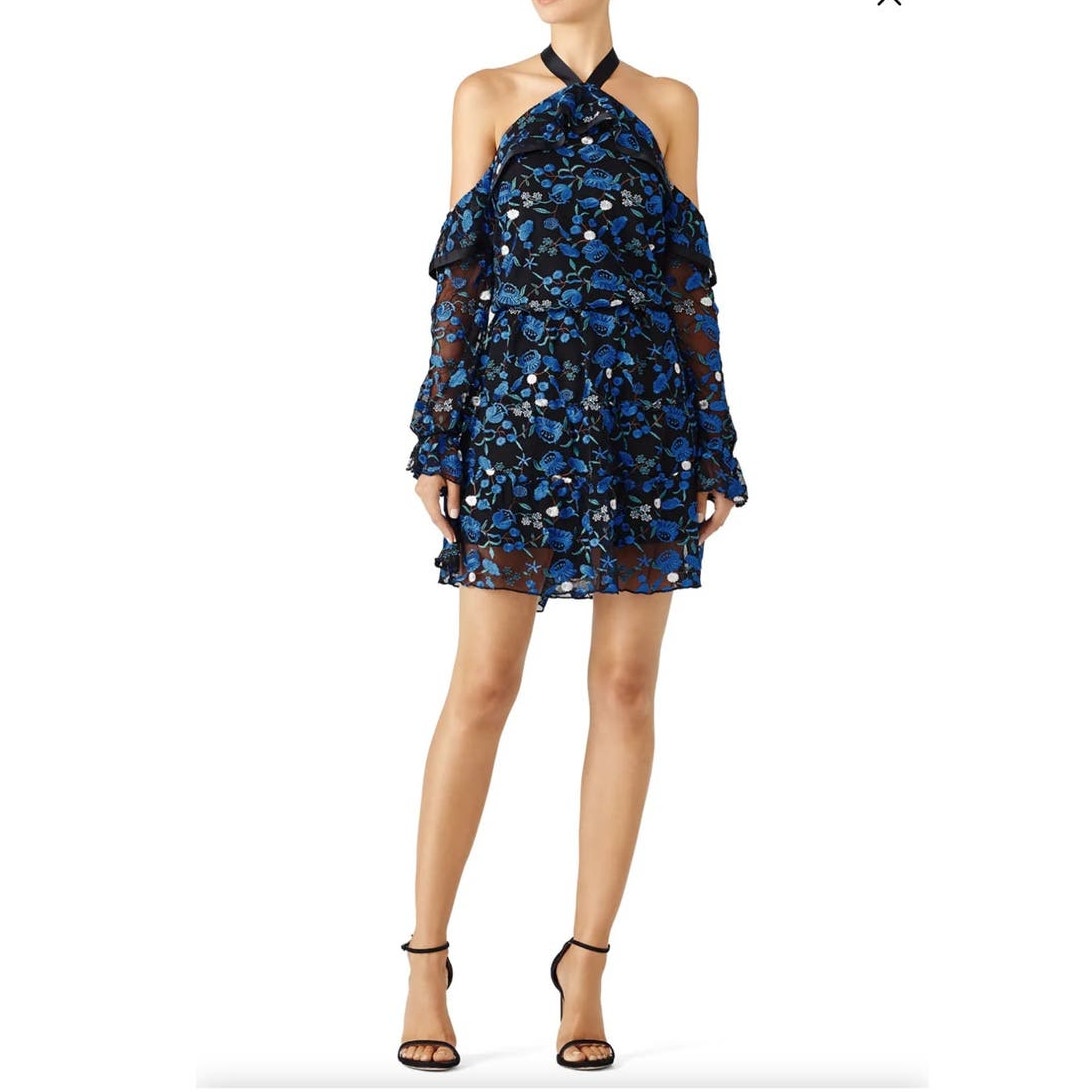 Alexia Admor Floral Embroidered Off-Shoulder Halter Dress, Black & Blue, Size 8
